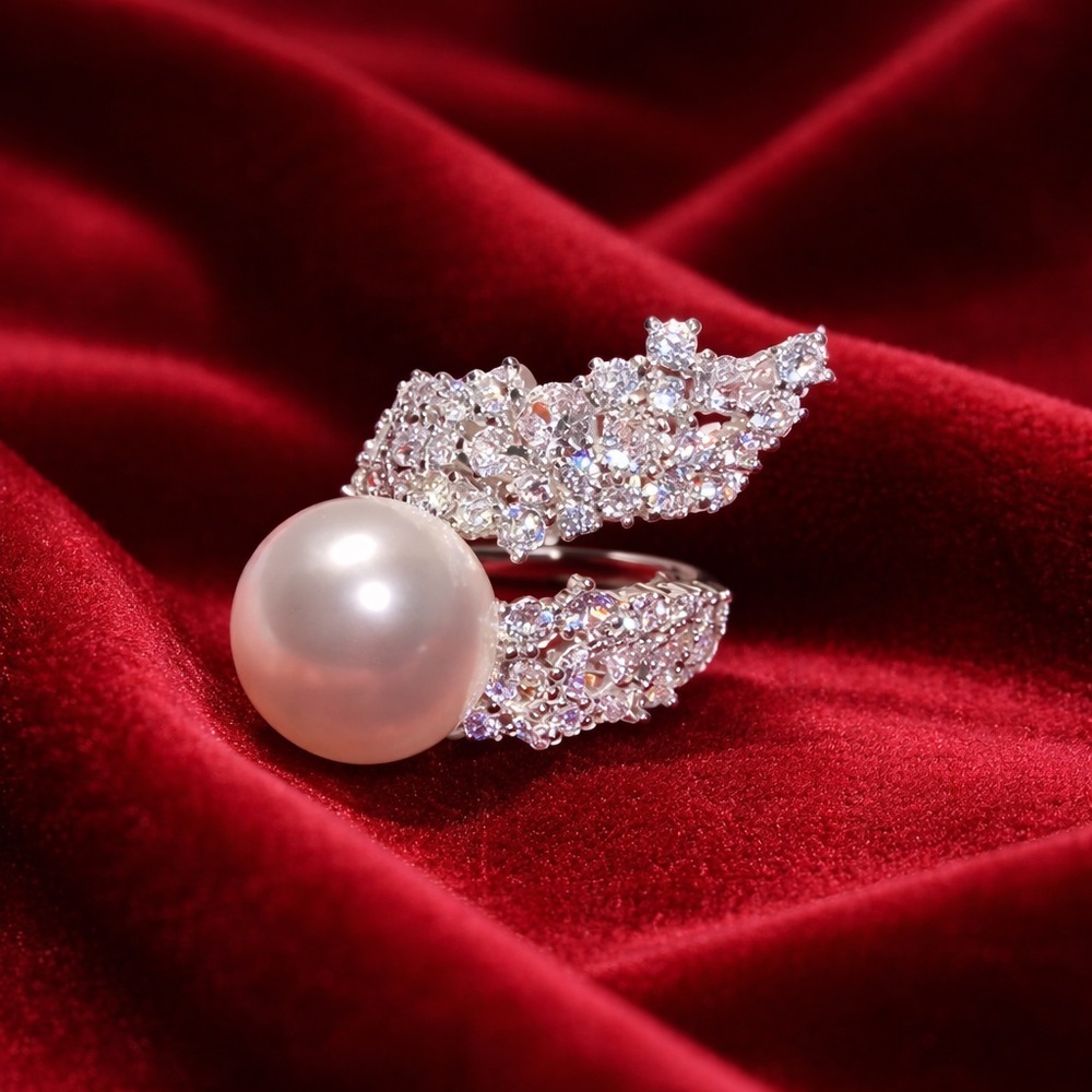 Luxe Pearl Diamond Wrap Ring | Statement Leaf Design | Adjustable - Picture 2 of 10